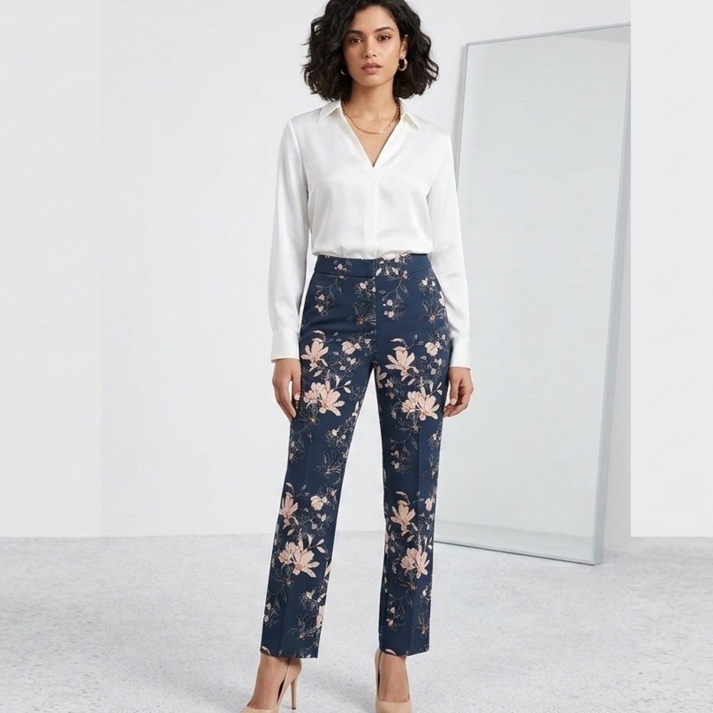 Cynthia Rowley Navy Floral Print Dress Pants Womens‎ 6 Preppy Chic Officewear